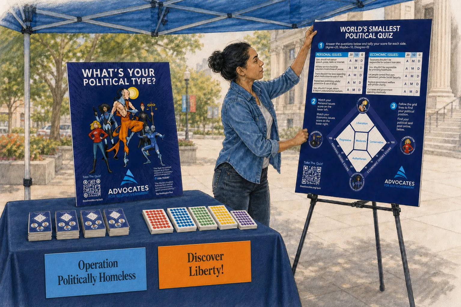 An organizer setting up the current Diamond Chart posters beneath an event tent.