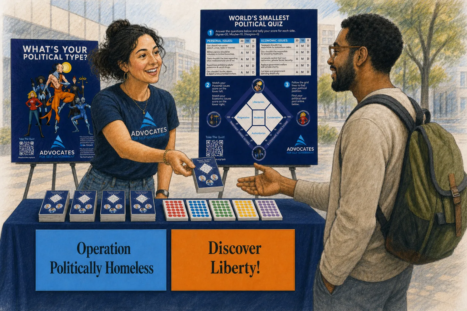 An organizer inviting an attendee to take the paper quiz at an Operation Politically Homeless booth, with both Diamond Chart posters visible behind them.
