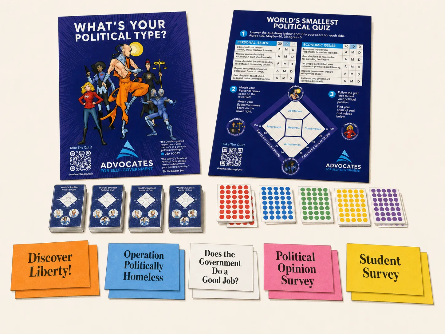 Overhead view of the current OPH kit, including two Diamond Chart posters, paper quizzes, five colors of dot stickers, and printed banners.