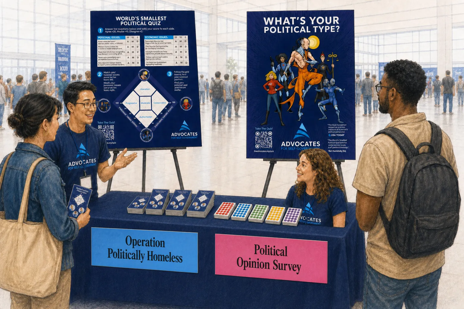 A wide view of an indoor OPH booth showing the two posters and five printed banner designs around the table.