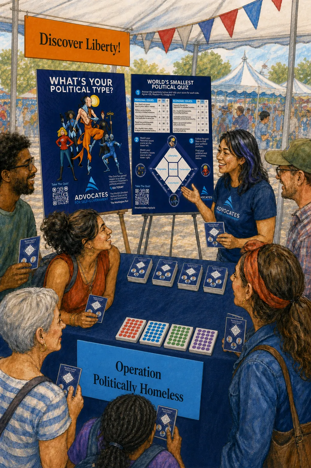 Organizers speaking with attendees beside a complete OPH display at a busy indoor event.