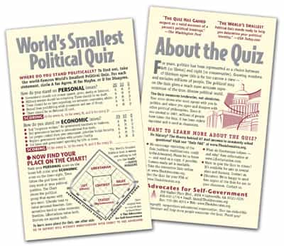 Vintage World's Smallest Political Quiz and About the Quiz cards showing the original Nolan Chart