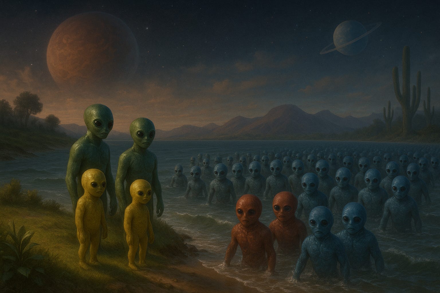 In a distant world, a group of funny-colored aliens must confront the contradictions of clashing worldviews.